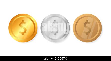 Three realistic coins on a white background. Business concept. Gold and silver. Vector illustration. Stock Vector