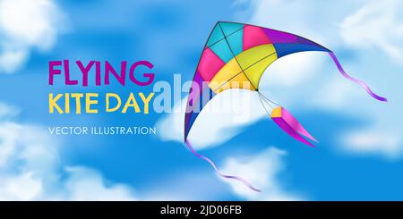 Colored and realistic kite banner with flying kite day headline in the sky vector illustration Stock Vector