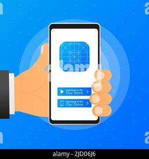 Hand holds phone with download new app in store on blue background. Vector illustration. Stock Vector