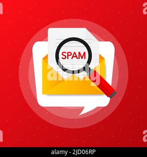 Magnifying glass over letter in flat style. Spam in the mail. Vector illustration. Stock Vector
