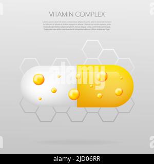 Vitamin complex with realistic pill on gray background. Particles of vitamins in the middle. Vector illustration. Stock Vector