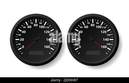 Two realistic speedometers with different arrow positions on white background. Vector illustration. Stock Vector