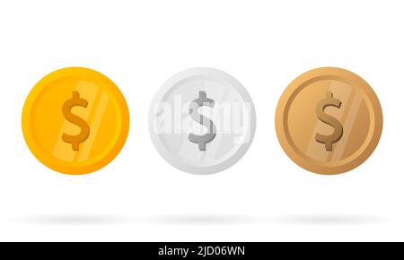 Three realistic coins on a white background. Business concept. Gold, silver and bronze. Vector illustration. Stock Vector