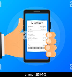 Hand holds phone with cash receipt on screen on blue background. Vector illustration. Stock Vector