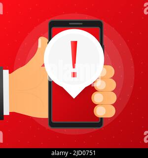 Hand holds phone with danger sign on screen on red background. Vector illustration. Stock Vector