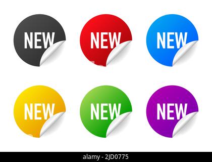 New. Realistic badge of different colors. Product advertising. Web design. Vector illustration. Stock Vector