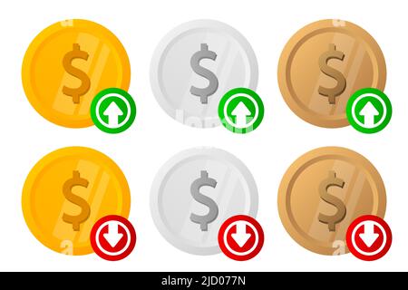 Three realistic coins on a white background. Business concept. Gold, silver and bronze. Drop and growse money. Vector illustration. Stock Vector