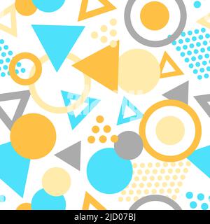 Geometric seamless pattern with colorful figures. Triangles, sircles on white background. Endless texture in orange and blue colors Stock Vector