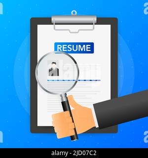 Hand holds magnifying glass over tablet with resume on blue background. Vector illustration. Stock Vector