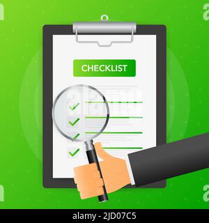 Hand holds magnifying glass over tablet with checklist on green background. Vector illustration. Stock Vector