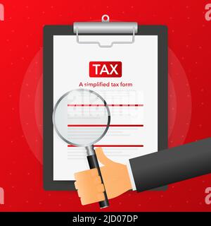 Hand holds magnifying glass over tablet with tax form on red background. Vector illustration. Stock Vector