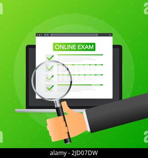 Hand holds magnifying glass over tablet with online exam on green background. Vector illustration. Stock Vector