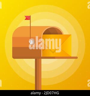 Mailbox with a letter inside in a flat style on a yellow background. Vector illustration. Stock Vector