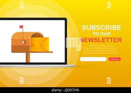 Mailbox with a letter inside in a flat style on screen device on a yellow background. Subscribe to our newsletter. Vector illustration. Stock Vector