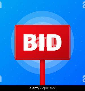 BID realistic red table on blue background. Vector illustration. Stock Vector