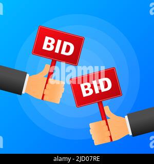 Hand holds BID realistic red table on blue background. Vector illustration. Stock Vector