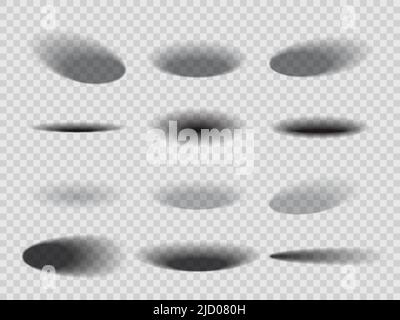 Round oval realistic transparent shadow effects, vector isolated shades of objects. Black and white transparent shadows with soft shades form side, bottom and top surface overlay Stock Vector