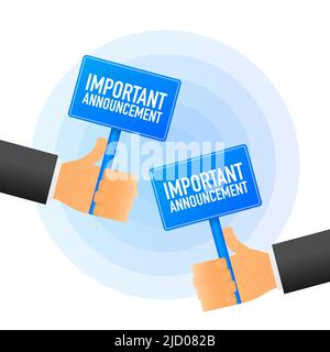 Hand holds Important Announcement realistic blue table on white background. Vector illustration. Stock Vector
