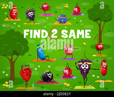 https://l450v.alamy.com/450v/2jd082y/find-two-same-personages-cartoon-berry-characters-on-yoga-fitness-vector-kids-game-worksheet-with-rose-hip-cranberry-and-blackberry-blueberry-honeyberry-or-strawberry-currant-raspberry-or-grape-2jd082y.jpg