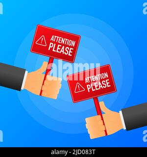 Hand holds Attention please realistic red table on blue background. Vector illustration. Stock Vector