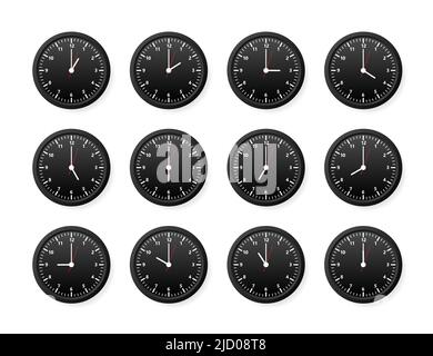 Realistic office clock. Wall round watches with time arrows and clock face. Vector illustration. Stock Vector