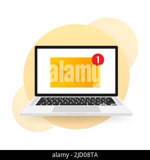 New message icon on screen of laptop. Smartphone, mobile, laptop. New nessage in flat style. Vector illustration. Stock Vector