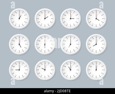 Realistic office clock. Wall round watches with time arrows and clock face. Vector illustration. Stock Vector