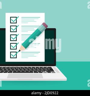 Line survey laptop in flat style green background. Vector icon. Vector flat. Line icon. Computer screen. Stock Vector