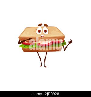 Funny sandwich character with smile, kids food personage with face, vector emoticon. Cartoon sandwich for fast food and street food snacks menu with salad and tomatoes, breakfast or lunch meals Stock Vector