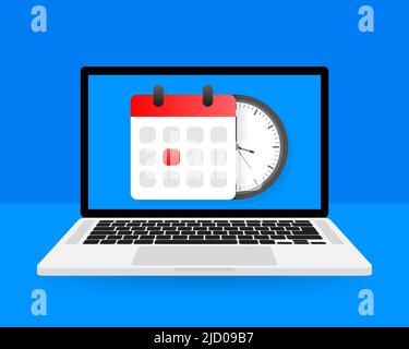 Vector Calendar and Clock Icon on blue background. Vector illustration. Stock Vector