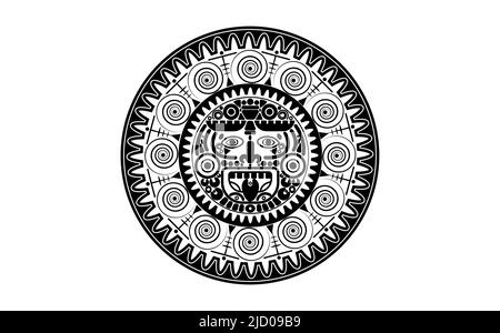 Sacred Mayan sun god, Aztec wheel calendar, Maya symbols ethnic mask, black tattoo round frame border old logo icon vector illustration isolated Stock Vector