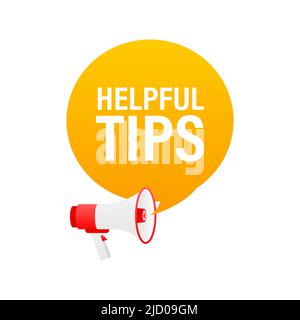Helpful tips megaphone yellow banner in 3D style on white background. Vector illustration. Stock Vector