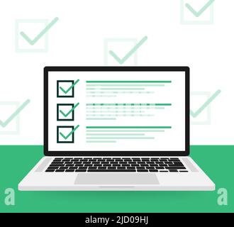 Line survey laptop in flat style green background. Vector icon. Vector flat. Line icon. Computer screen. Stock Vector