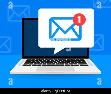 New message icon on screen of laptop. Smartphone, mobile, laptop. New nessage in flat style. Vector illustration. Stock Vector