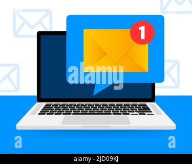 New message icon on screen of laptop. Smartphone, mobile, laptop. New nessage in flat style. Vector illustration. Stock Vector