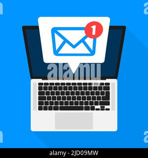 New message icon on screen of laptop. Smartphone, mobile, laptop. New nessage in flat style. Vector illustration. Stock Vector