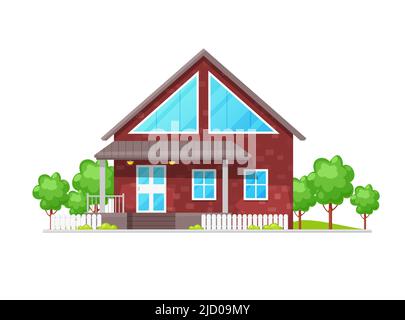 Average modern house exterior with natural stone walls. Small mansion facade, flat vector classic house building. Suburban real estate property home with pitched roof, porch and wooden fence Stock Vector