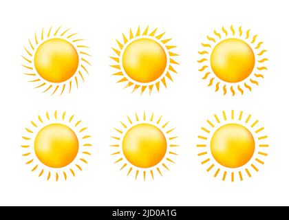 Sketch set yellow sun on white backdrop. Abstract light. Summer objects. Vector illustration. Stock Vector