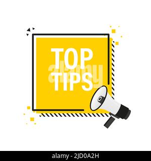 Top tips megaphone yellow banner in 3D style on white background. Vector illustration. Stock Vector