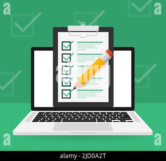 Check List laptop on green background. Checkmark sign. Vector illustration. Stock Vector