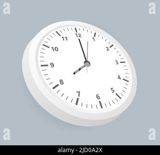 Realistic office clock. Wall round watches with time arrows and clock face in isometric position. Vector illustration. Stock Vector