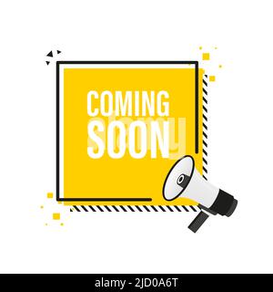 Coming soon megaphone yellow banner in 3D style on white background. Vector illustration. Stock Vector