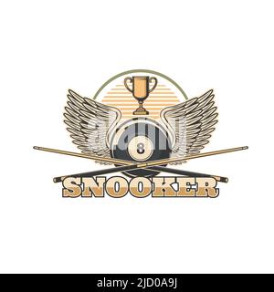 Snooker icon of vector sport game cues and balls with wings, championship cup and gold trophy. Billiards player club, pool room and snooker competition tournament isolated symbol Stock Vector