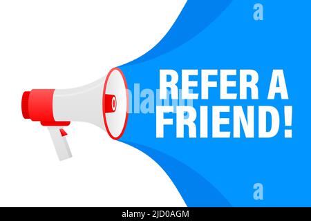 Refer a friend megaphone yellow banner in 3D style on white background. Vector illustration. Stock Vector
