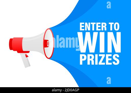 Enter to win prizes megaphone yellow banner in 3D style on white background. Vector illustration. Stock Vector