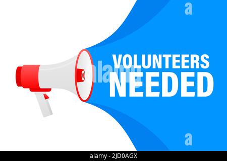 Volunteers needed megaphone yellow banner in 3D style on white background. Vector illustration. Stock Vector