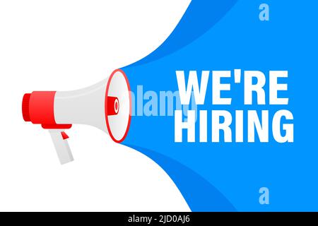 We are hiring megaphone blue banner in 3D style on white background. Vector illustration. Stock Vector