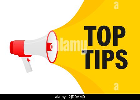 Top tips megaphone yellow banner in 3D style on white background. Vector illustration. Stock Vector