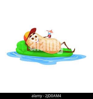 Funny peanut character on air mattress. Cartoon vector nut relax on floater with fresh cocktail. Kernel seed personage wear cap tanning and relaxing in pool or ocean waves. Nut personage on vacation Stock Vector