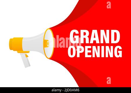 Grand opening megaphone red banner in 3D style on white background. Vector illustration. Stock Vector